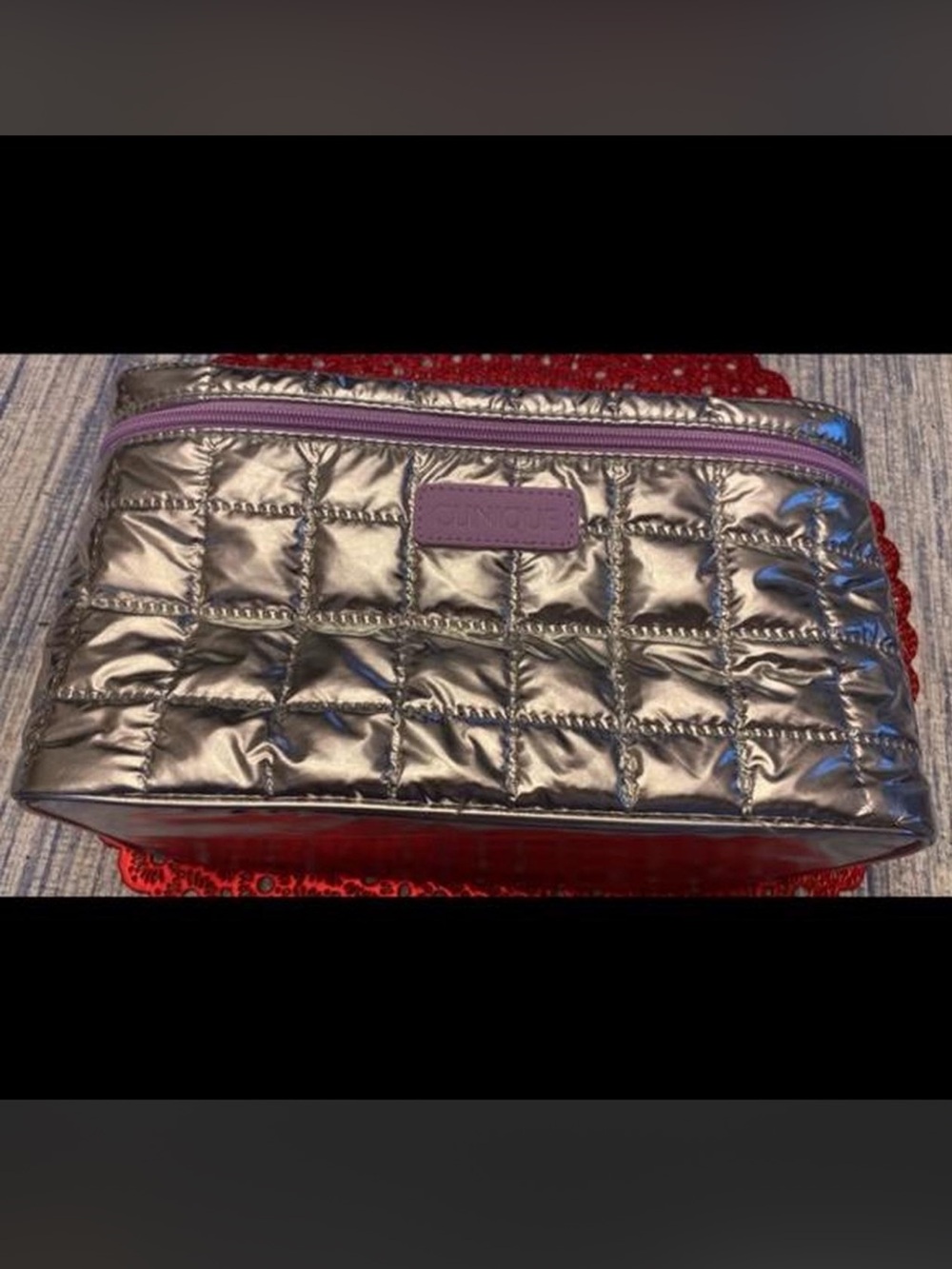 New Clinique Quilted Metallic Cosmetic Pouch - Silver with Purple Trim